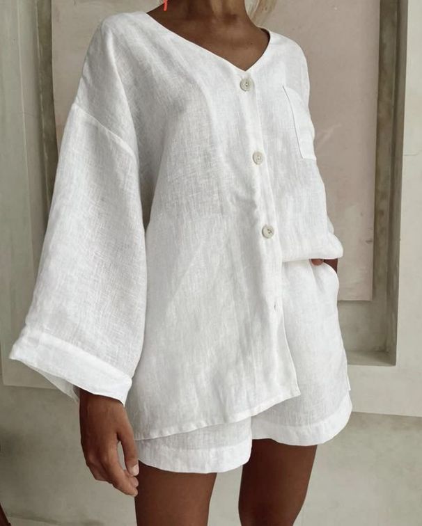 Women's Spring/Summer Two Piece Set Cotton Linen Solid Color Cardigan Long Sleeve Button Detail Shorts with Pockets European American Style_ecoleips.com