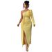 Women's Clothing Plus Size Clothes "Elegant One-Shoulder Yellow Evening Gown – Ruffled High-Slit Long Dress For Women, Sexy & Glamorous"_ecoleips.com