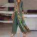 2024 European And American Style Women's Dress Two-Piece Jade Green Long Sleeve Printed Round Neck Jumpsuit Set_ecoleips.com