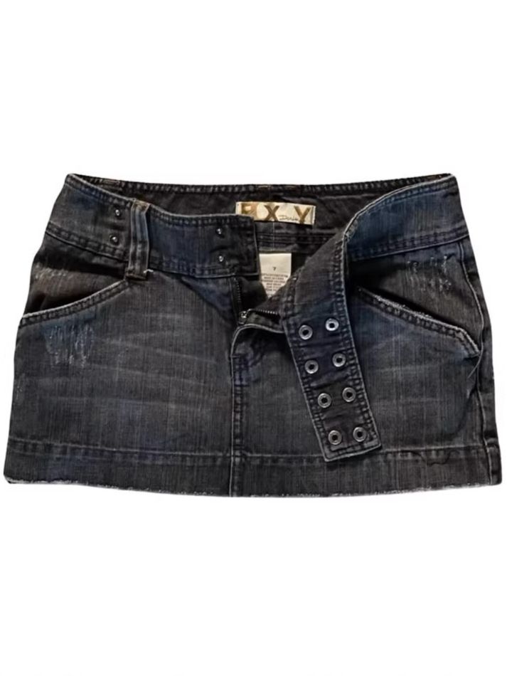 Y2k Low-Rise Denim Mini Skirt - Distressed Retro Cross-Tie Front Skirt For Women, Grunge Aesthetic Versatile Grunge Colorway_ecoleips.com