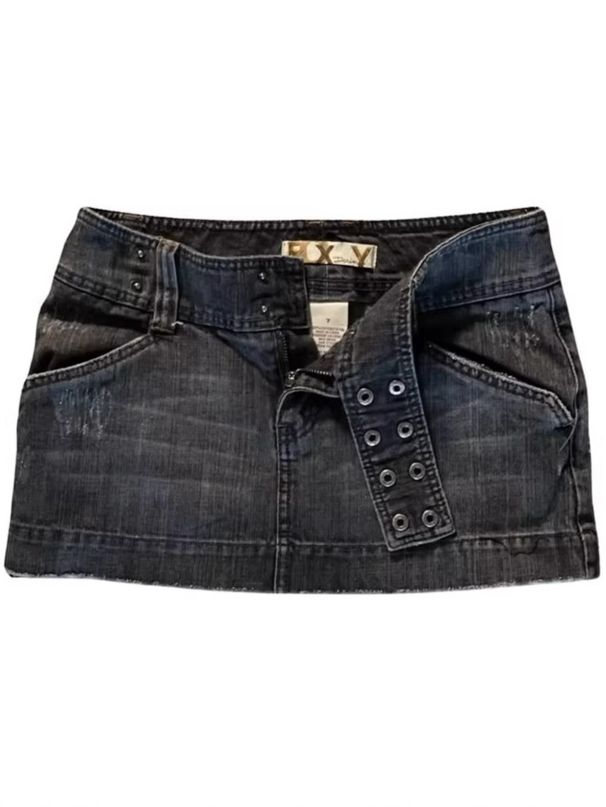 Y2k Low-Rise Denim Mini Skirt - Distressed Retro Cross-Tie Front Skirt For Women, Grunge Aesthetic Versatile Grunge Colorway_ecoleips.com