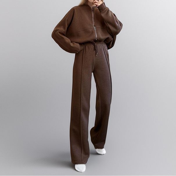 Women's Clothing New Fashion Solid Color Zipper Cardigan Lace Up Sweater Casual Straight Pants Suit_ecoleips.com