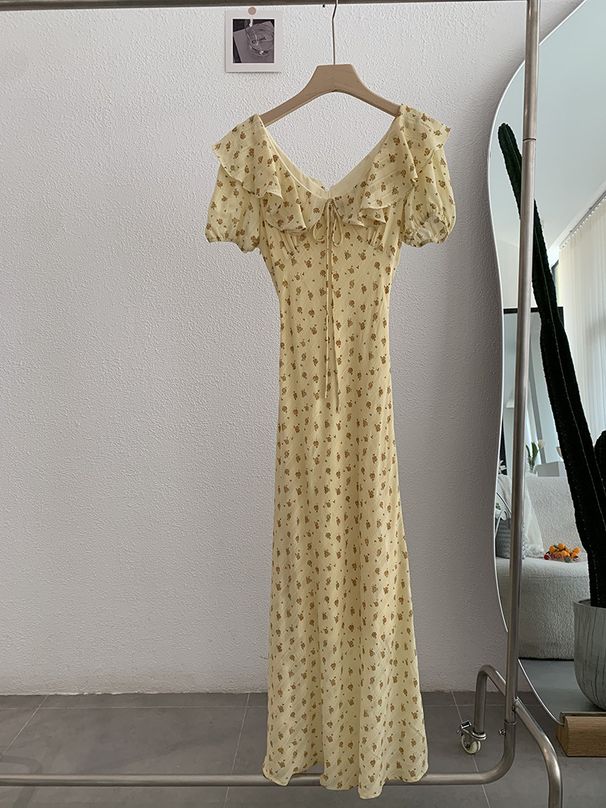 Omalai V-neck Ruffled Waist-cinching Floral Print Dress, Fashionable Summer Women's Vacation Stunning Long Dress 3548_ecoleips.com