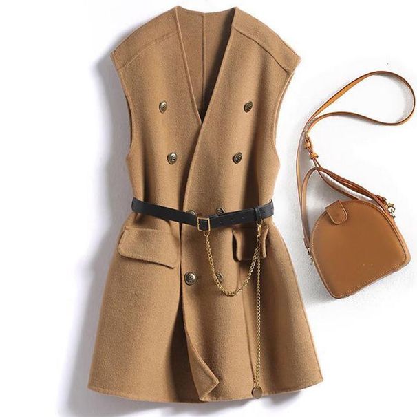 Women's Clothing 2023 autumn and winter new woolen vest women's medium and long V-neck sleeveless waistcoat belt woolen vest jacket_ecoleips.com