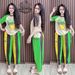 Women's Two-Tone V-Neck Short Sleeve Top With Side Stripe Wide Leg Pants Set - American Style Casual Outfit_ecoleips.com
