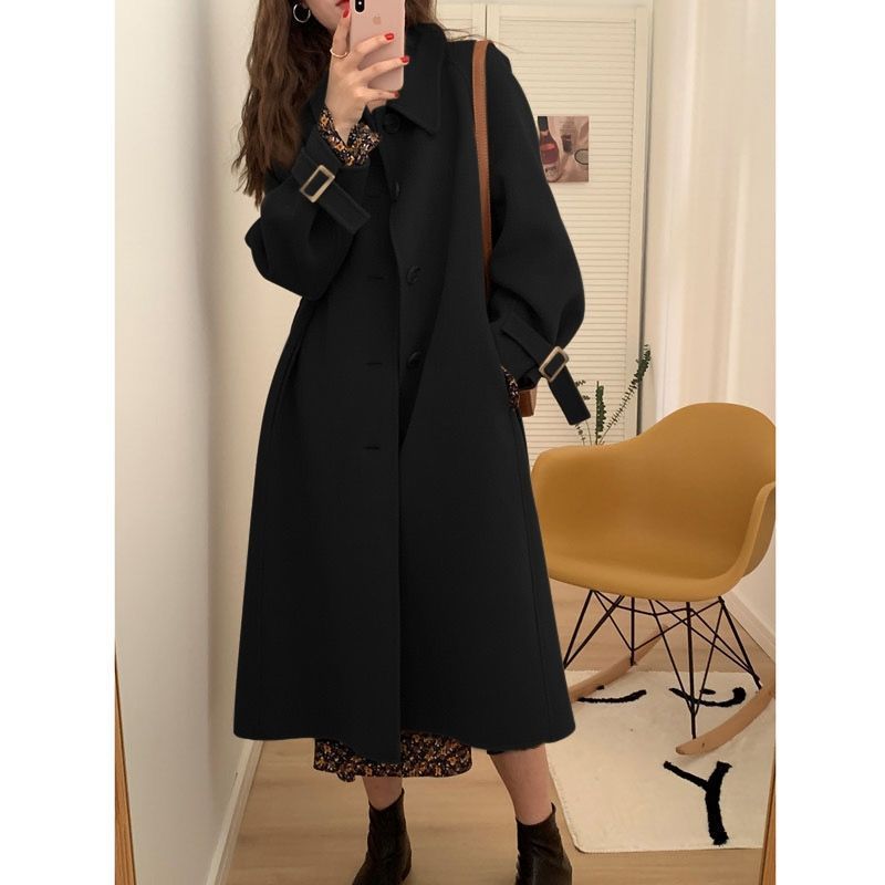 Women's Clothing Women's Long Wool Coat Winter Trench Coat With Collar, Loose Fit, Soft And Warm, Sage Green/Black, S-XXL_ecoleips.com