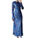 Muslim Dress Women Elegant Blue Floral Print A-Line Dress – Slim Fit Princess Style Long Dress With Round Neck & Waist Definition_ecoleips.com