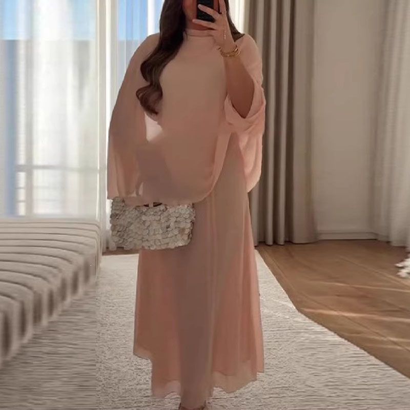 Elegant Women's Chiffon Party Dress 2026 O Collar Shawl Sleeves Loose Daily Dress Fashion Solid High Waisted Hem Long Dress New_ecoleips.com