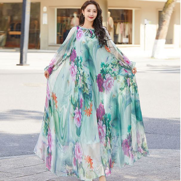 2023 Chiffon Long Sleeve Summer European And American Foreign Trade Women's Beach Vacation Dress_ecoleips.com