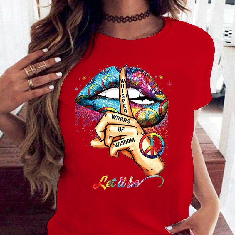 COTTON 100% Loose Crew-neck Creative Mouth Short-sleeved T-shirt Woman Oversized T Shirt Tops Aesthetic Clothes_ecoleips.com
