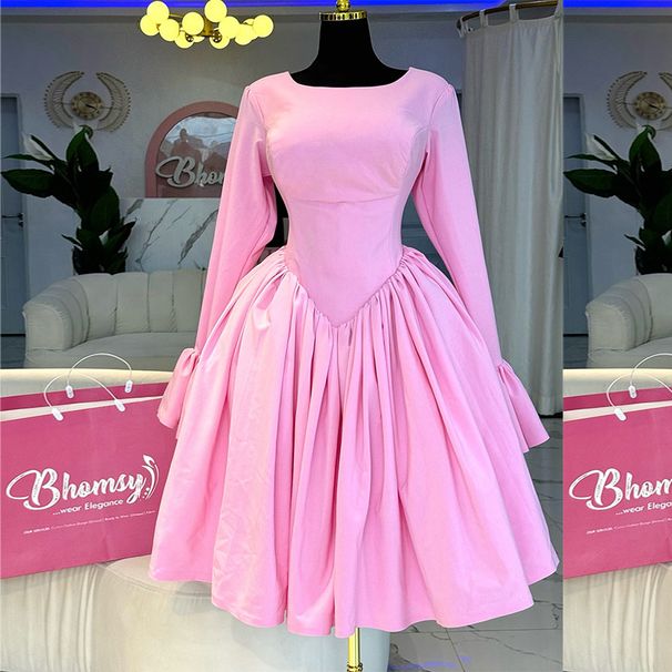 Women's Clothing autumn new style elegant round neck long sleeve tie rope high waist A line dress_ecoleips.com