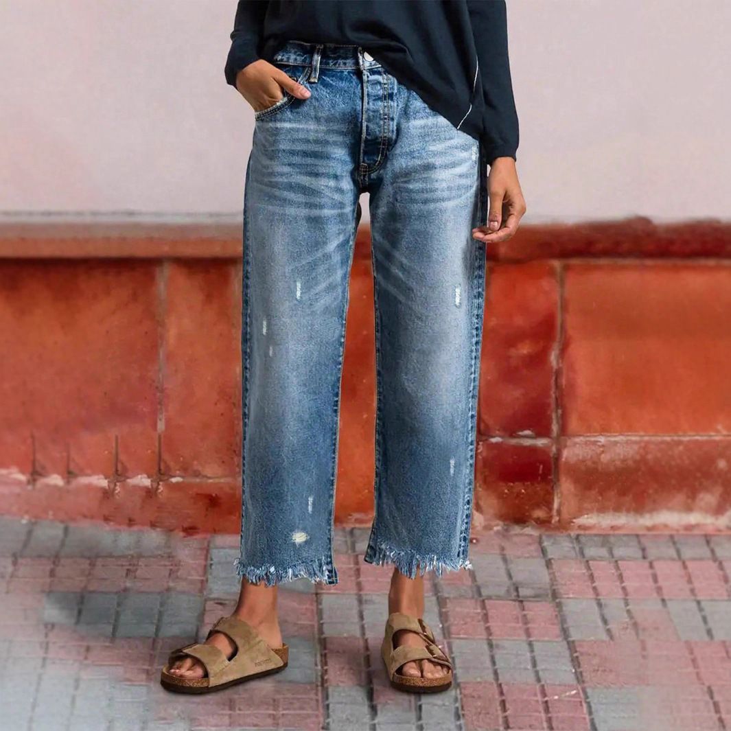 K Cowboy Women's Loose Straight Leg Pants With Torn Edges And Holes_ecoleips.com