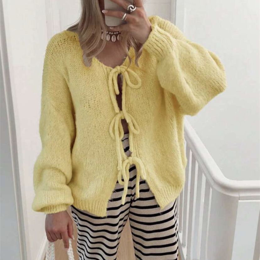 Women's Clothing Elegant V-Neck Tie-Front Knit Cardigan Soft Stylish Long Sleeve Open Front Sweater Lightweight & Versatile For Office & Casual Wear_ecoleips.com