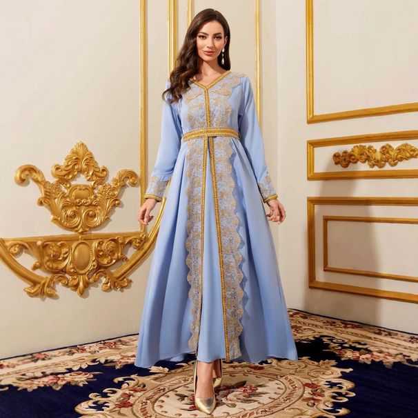 Robe Ladies Dress Temperament Long Skirt V Neck Long Sleeve Lace Dress_ecoleips.com