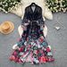 Women's French Romantic Style Slim Fit Dress Long Sleeve V Neck Tie Waist Full Skirt Vacation Style Floral Print_ecoleips.com