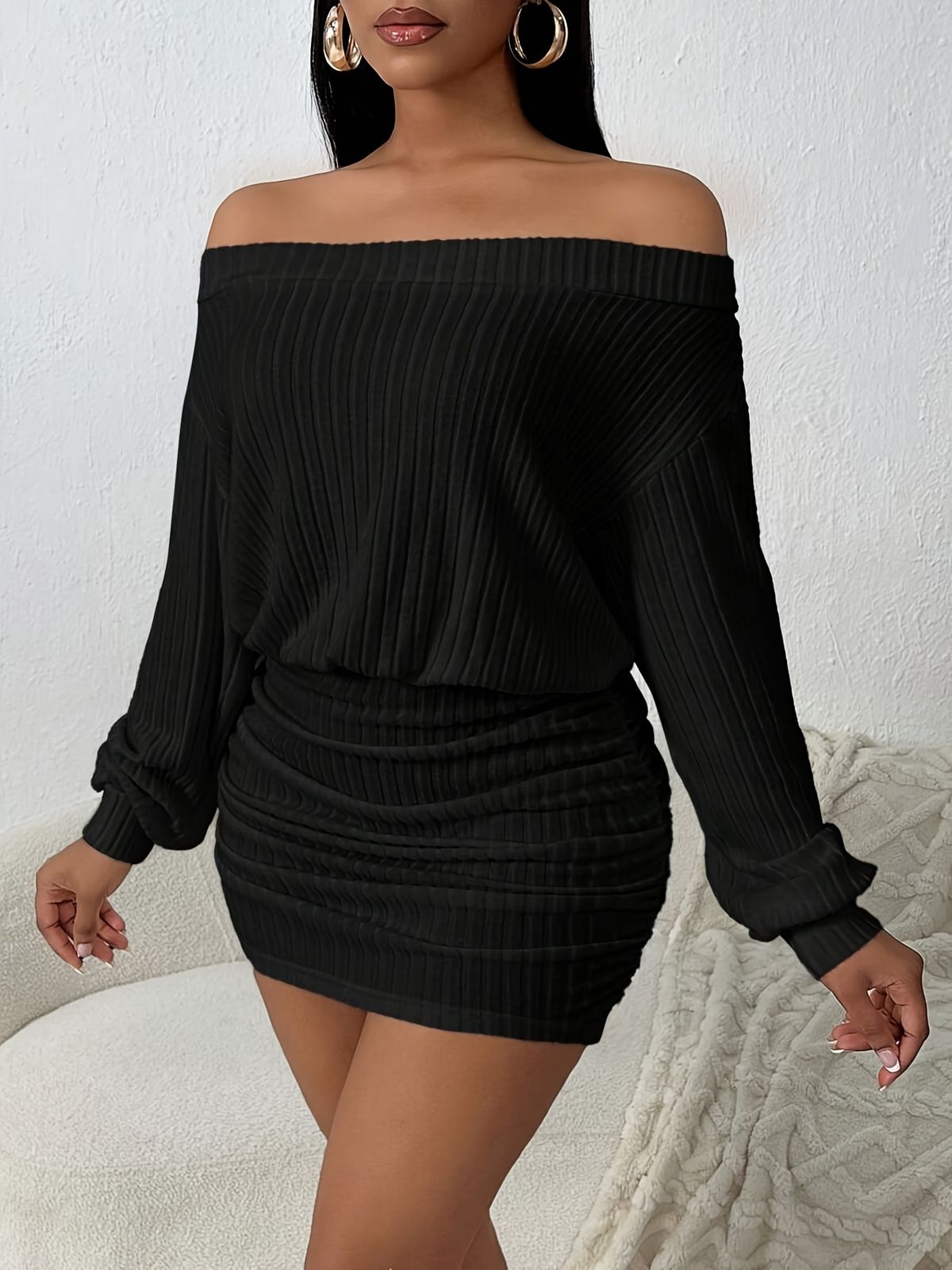 One-Shoulder Puffy Solid Color Casual Multi-Functional Long-Sleeved Knitted Dress_ecoleips.com