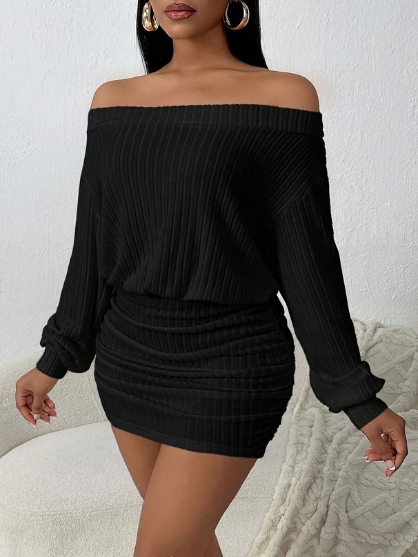 One-Shoulder Puffy Solid Color Casual Multi-Functional Long-Sleeved Knitted Dress_ecoleips.com