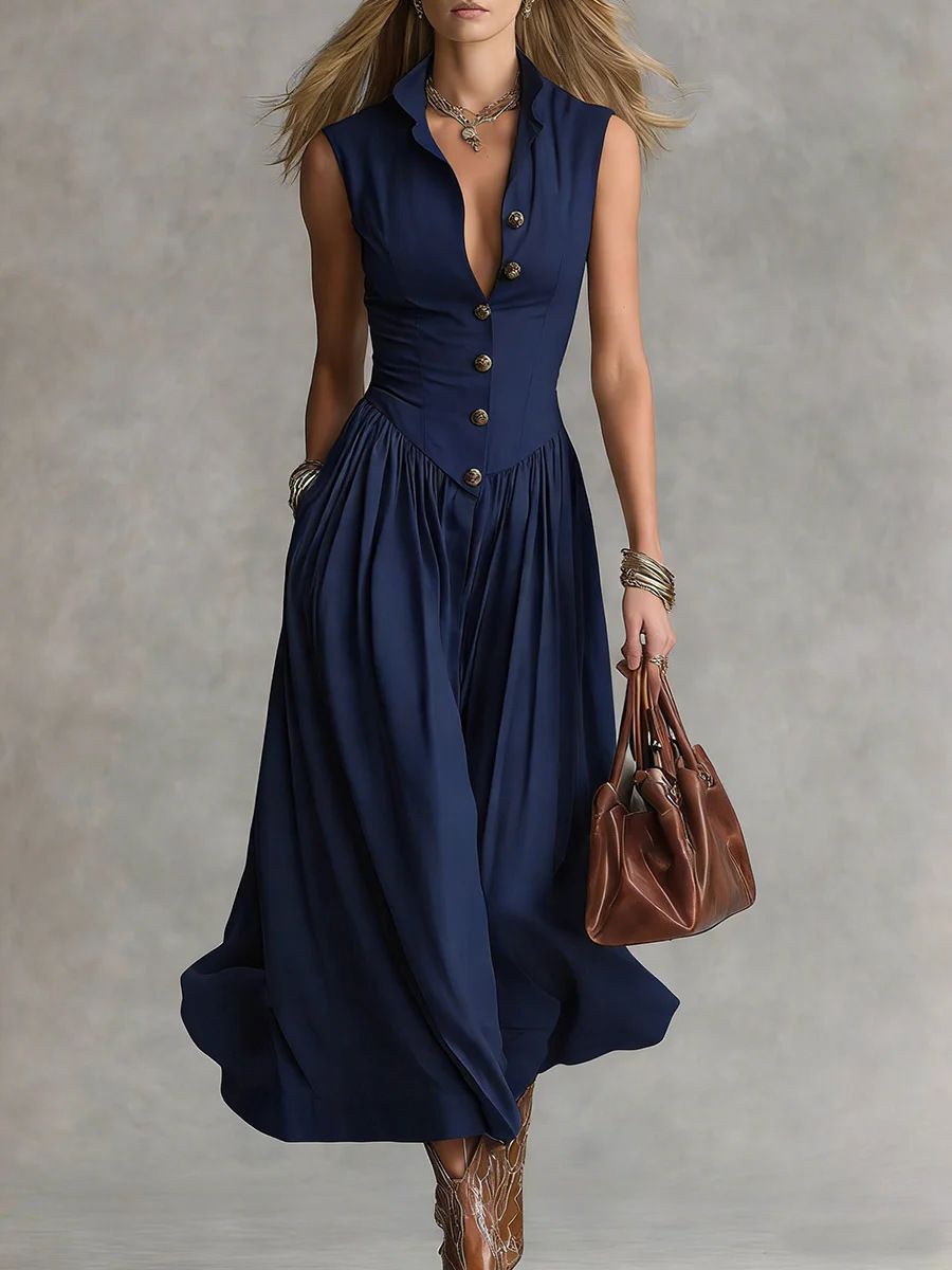 Women's Elegant Lapel Sleeveless Bodycon Maxi Dress – Slim Fit French Chic Summer Gown 2026_ecoleips.com