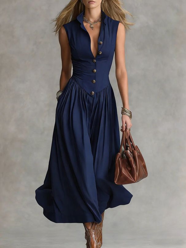 Women's Elegant Lapel Sleeveless Bodycon Maxi Dress – Slim Fit French Chic Summer Gown 2026_ecoleips.com