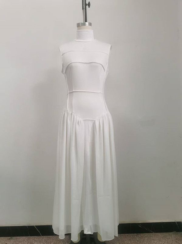 Women's Summer Elegant High Neck Sleeveless Slim Fit Patchwork Dress Casual Long Gown_ecoleips.com