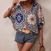 European American Retro Floral Print V Neck Shirt Loose Fit Drop Shoulder Three Quarter Sleeve Top for Summer 2025_ecoleips.com