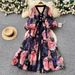 Women's Elegant V Neck Dress With Printed Lantern Sleeves Early Spring Long Sleeve Waist Tie A Line Long Skirt_ecoleips.com