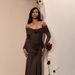 Women's Sexy Off Shoulder Shirred Solid Color Floral Embellished Bodycon Maxi Dress – Elegant Party Gown_ecoleips.com