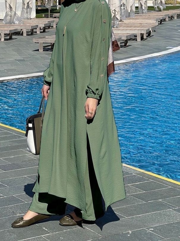 Women's Solid Color Long Suit Casual Fashionable round Neck Puff Sleeve Loose Fit Clothing with Gold Buckle Pocket_ecoleips.com