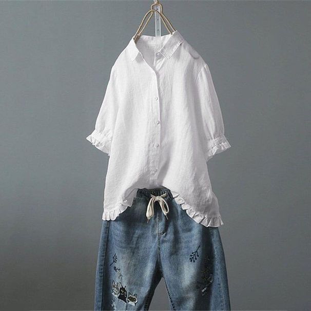Women's Clothing Women's Casual Cotton Linen Short-Sleeved Shirt Single-Breasted Ruffle Detail Style Top For Plus Size_ecoleips.com