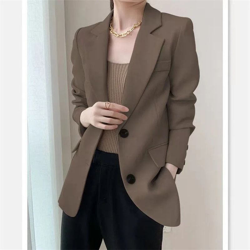 Women's Casual Blazer Jacket - Oversized Single-Breasted Suit Coat With Notch Lapel (Coffee, Beige, Black)_ecoleips.com