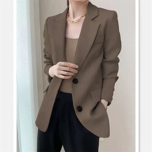 Women's Casual Blazer Jacket - Oversized Single-Breasted Suit Coat With Notch Lapel (Coffee, Beige, Black)_ecoleips.com