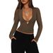 Y2K Style Outerwear Hollow-out Deep V-neck Long-sleeve Regular Shoulder T-shirt For Women, Tight-fitting With Unique_ecoleips.com