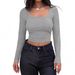 Women's Ribbed Square Neck Long Sleeve T-Shirt – Slim Fit Stretch Top, Breathable & Versatile For Casual & Layering_ecoleips.com