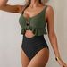 2026 New Women's One-Piece Swimsuit Hollow Out Back Splice Color Sexy Slim High Waist Cross-Border Swimwear Lace Trim_ecoleips.com