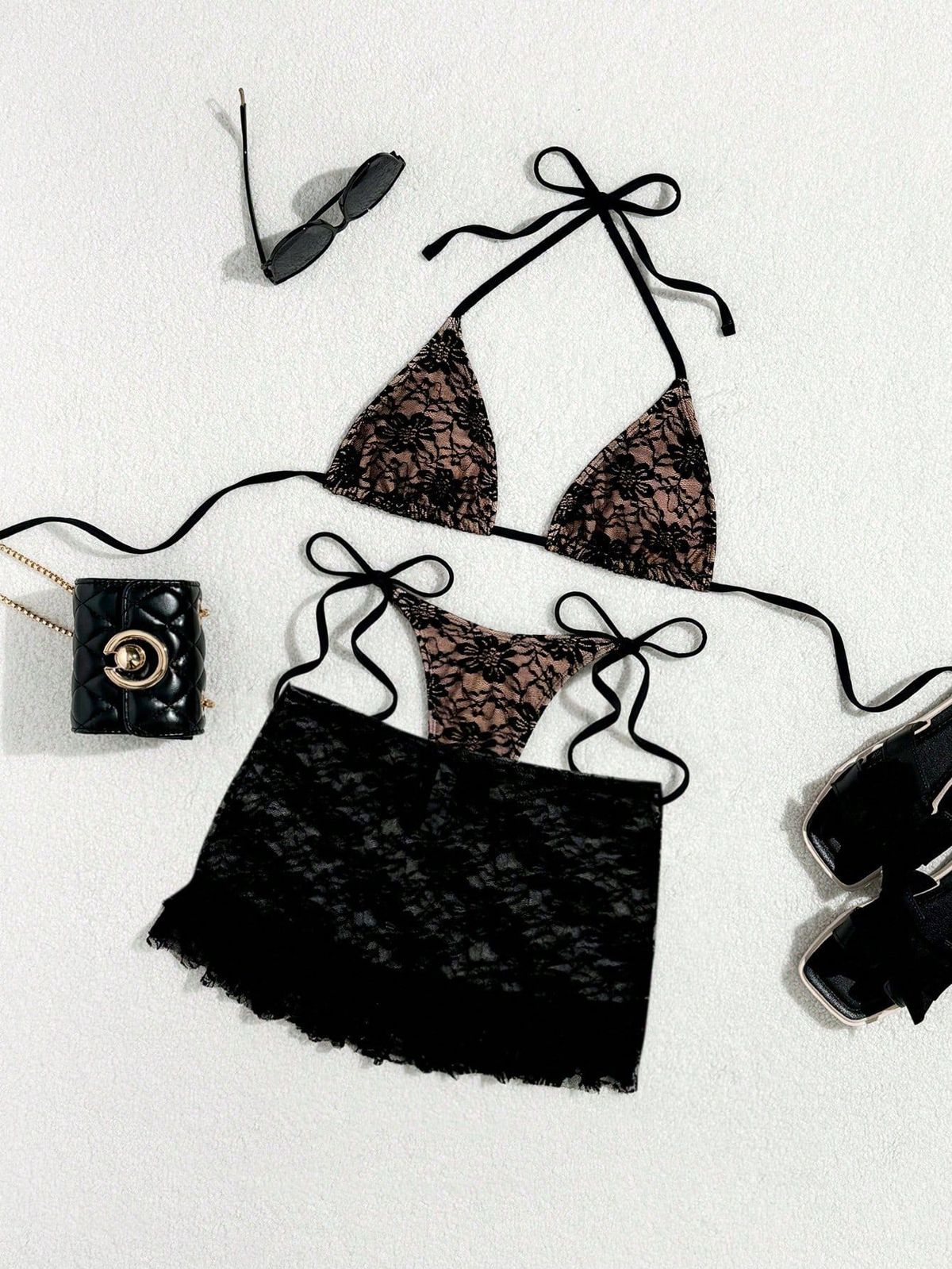 Women's Lace Bikini Set – 3-Piece High-Waist Swimwear With Sheer Cover-Up, Quick-Dry Nylon & Polyester (S-Xl)_ecoleips.com