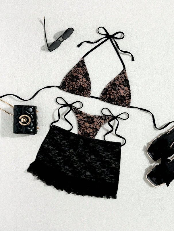 Women's Lace Bikini Set – 3-Piece High-Waist Swimwear With Sheer Cover-Up, Quick-Dry Nylon & Polyester (S-Xl)_ecoleips.com