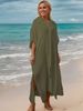 Women's Long Sleeve Beach Cover Up Dress - Bamboo Cotton Sun Protection Shirt Dress, Bikini Kimono, Loose Fit Casual Maxi Dress, 13 Colors_ecoleips.com