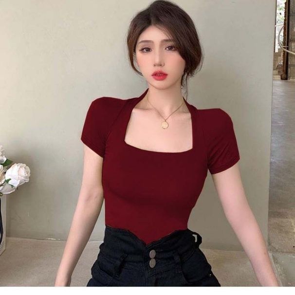 Square Collar Short-sleeved T-shirt Women's Summer Tight Big Neckline Exposed Collarbone French Retro Sexy Half-sleeved Top_ecoleips.com