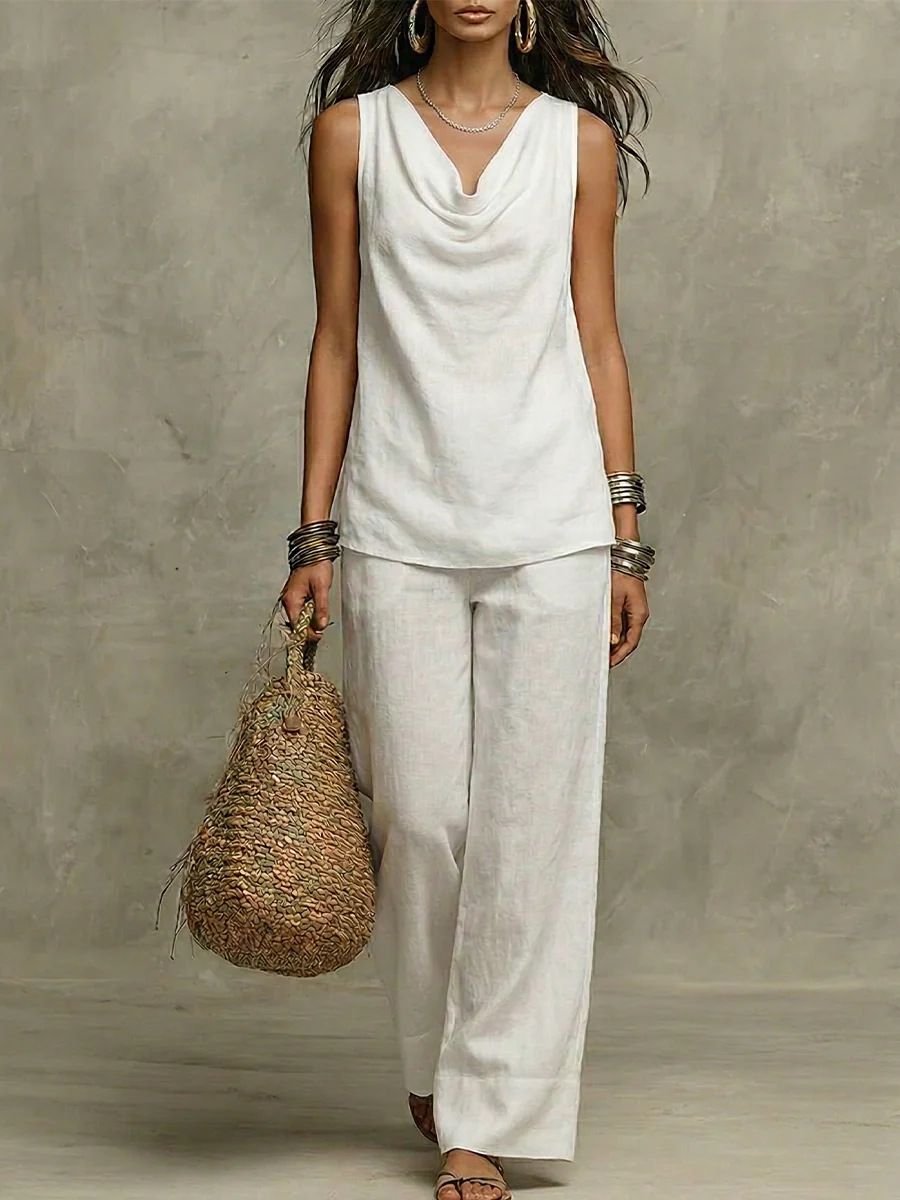 Organic Linen Lounge Set – Women's V-Neck Tank & Wide-Leg Pants (S-XXL, 5 Earth Tones)_ecoleips.com