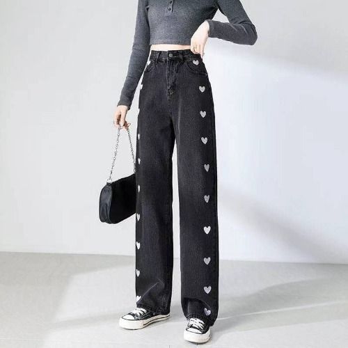 Love-Inspired High-Waist Flared Jeans – Chic Straight-Leg Wide Pants With Soft Tumble Hem (Blue/Black, S-2xl)_ecoleips.com