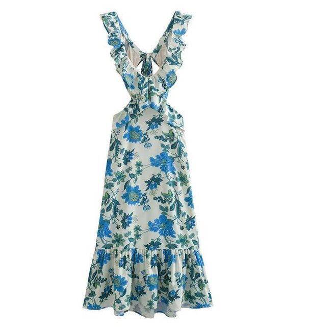 23 Styles Of XX European And American Style Women's New Spring V-neck Ruffle Design Backless Printed Dresses_ecoleips.com