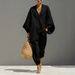 Women's Breathable Summer Lounge Set Linen Blend Batwing Sleeve V-Neck Tunic Wide-Leg Pants Casual Comfortable Fabric_ecoleips.com