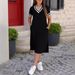 Women's Summer V Neck Dress Simple Loose Fitting Short Sleeved With Slit Hem_ecoleips.com