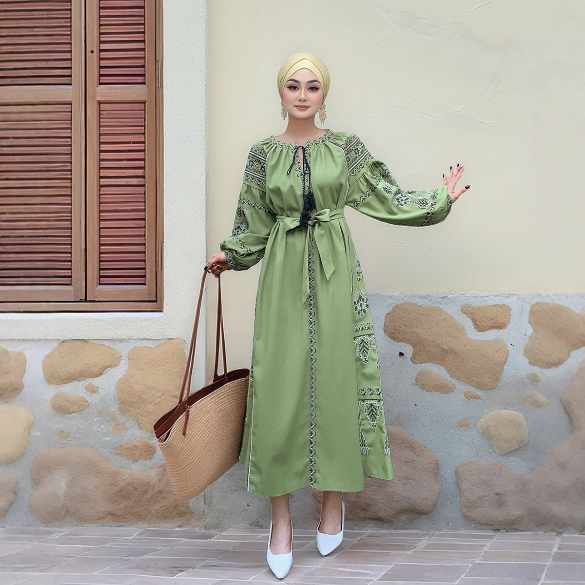 Women's Clothing Women's Casual Loose Cotton Linen Skirt Dress With Heavy Embroidery And Lantern Sleeves Southeast Asia Malaysia Modest Abaya Dress_ecoleips.com