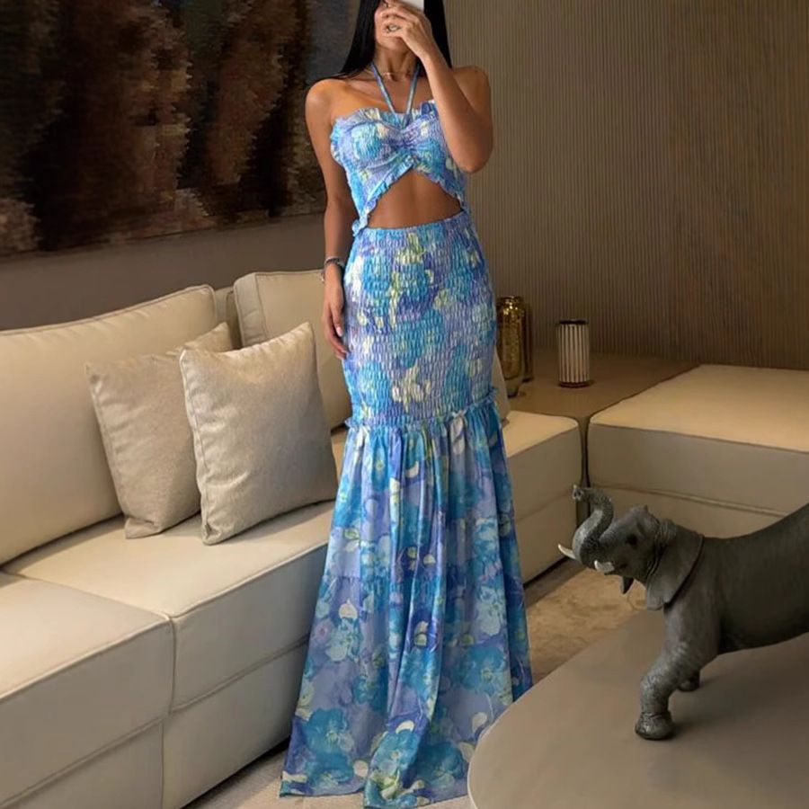 Women's Clothing Women's Halter Neck Printed Pleated Dress Casual Loose Holiday Style Spring Summer Design For Formal & Casual_ecoleips.com