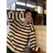 Lazy Style Korean Contrast Striped V-Neck Sweater Women's Autumn And Winter Small Long Sleeves Loose Special Yarn Knitwe_ecoleips.com