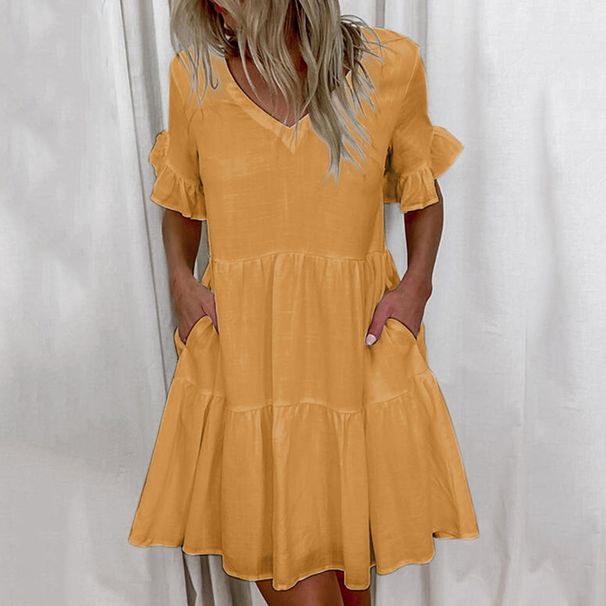 Women's Clothing Three Colors And Five Sizes V Neck Solid Color Pocket Dress_ecoleips.com