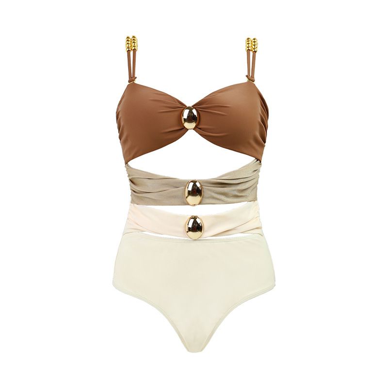 Women's Clothing Solid Color Gold Button Hollow One Piece Swimsuit Women's High Waist Slimming High End Bikini_ecoleips.com