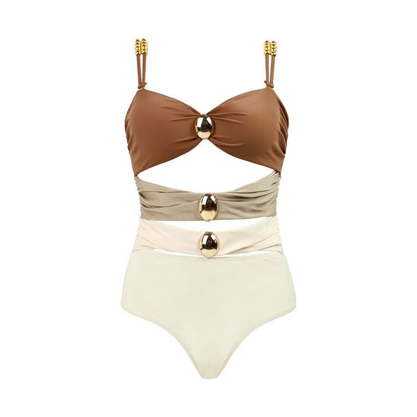 Women's Clothing Solid Color Gold Button Hollow One Piece Swimsuit Women's High Waist Slimming High End Bikini_ecoleips.com