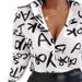 Large-Size Fashionable And Elegant T-Shirt With Letter-Painted Color Printing, Buttoned Collar, Open-Front Long-Sleeve K_ecoleips.com